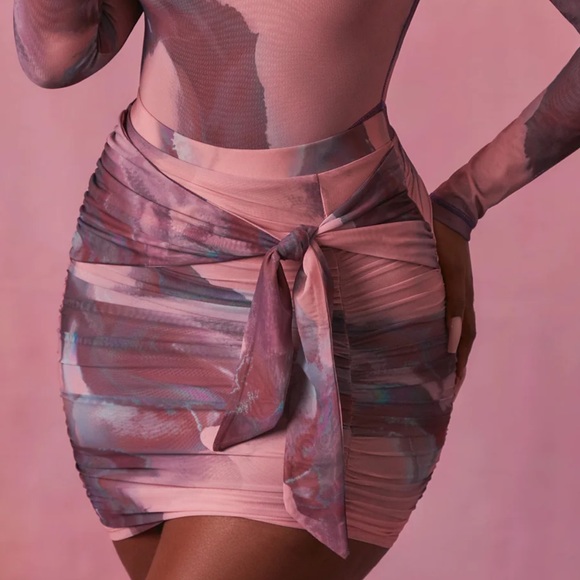 OH POLLY, High Neck Long Sleeve Mesh Bodysuit and skirt in Blush - Picture 10 of 11